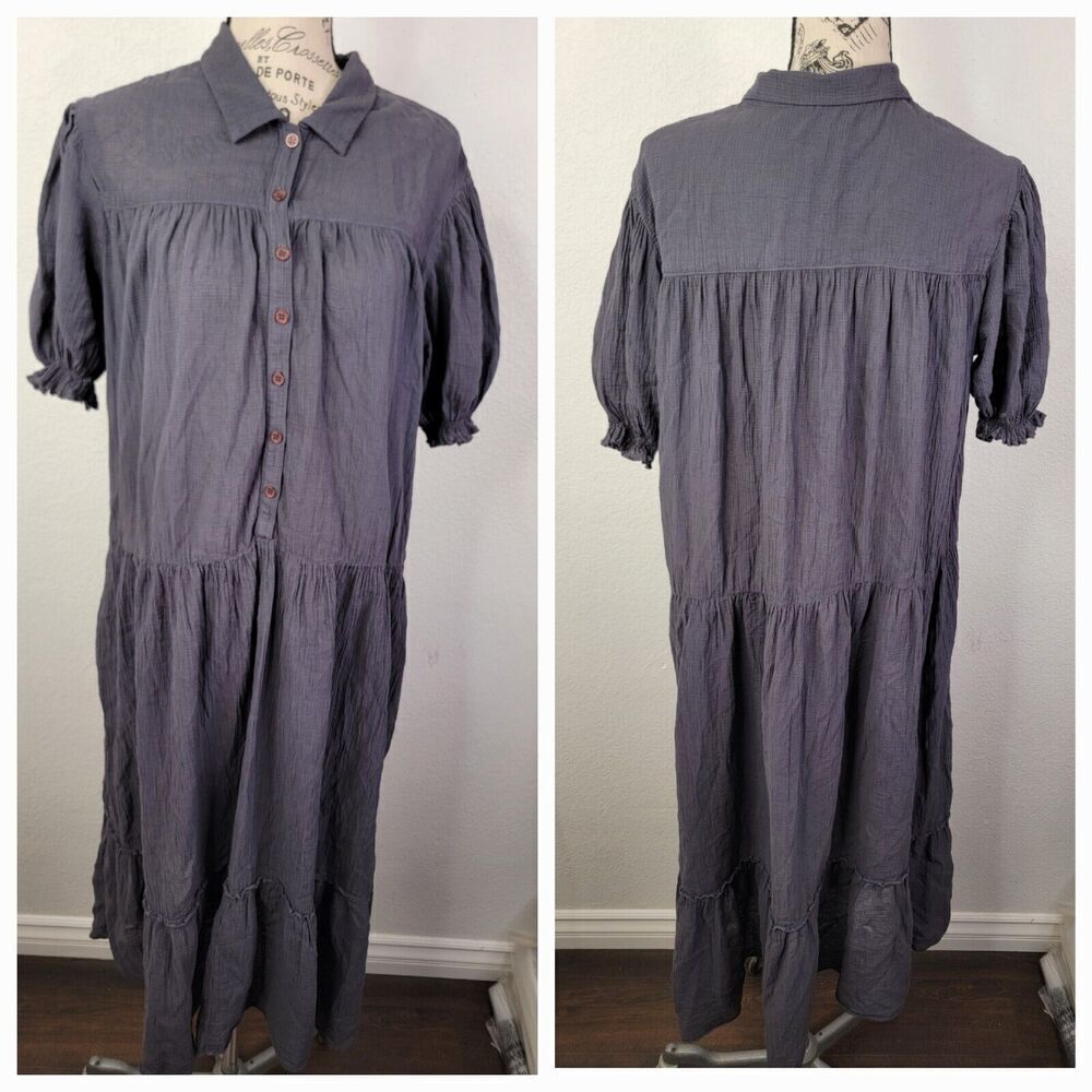 Esby Midi Dress Sz S Popover Gauzy Short Sleeves Lagenlook Summer Coastal